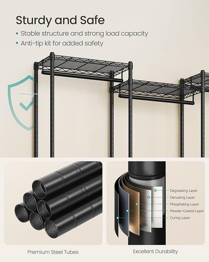 SONGMICS Heavy-Duty Clothes Rack, Garment Rack, Portable Closet, 86.4-Inch Wide Clothing Rack with Adjustable Mesh Shelves and Hanging Rails, Ink Black ULGR434B01