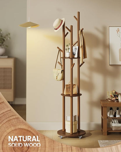 VASAGLE Freestanding Coat Rack Stand, Coat Tree with 11 Hooks, 3 Shelves, 4 Removable 360° Swivel Wheels, Wooden Hooks and Poles, for Entryway, Bedroom, Living Room, Walnut Brown URCR023K01