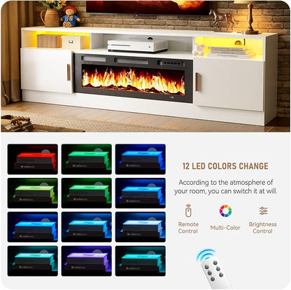 MXV 70" Fireplace TV Stand with Power Outlet for TVs UP to 80", Electric Fireplace Entertainment Center with LED Lights & Storage Cabinets, TV Console for Living Room, Office, White-Black
