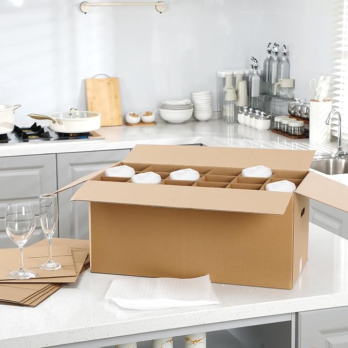 5 Sets Glass Packing Kit for Glasses and Stemware Includes Kitchen Moving Boxes Cell Divider Unit Foam Pouches Glass Packing Boxes for Moving Glasses Wine Dish(24 x 12 x 11 Inch)