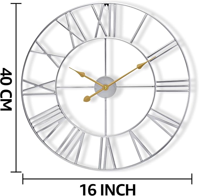 Sorbus Large Wall Clock for Living Room Decor - 16 inch Big Wall Clock Decorative - Battery Operated - Roman Numeral Analog Large Clock for Bedroom, Room, Home, Kitchen, Office, Wall Decor (Silver)