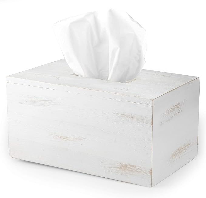 Ilyapa Wood Tissue Box Cover Rectangular - Rustic Farmhouse White Wooden Tissue Holder