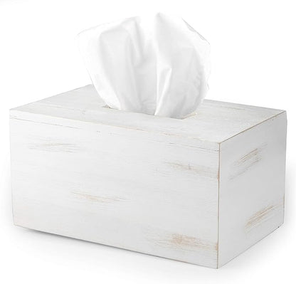 Ilyapa Wood Tissue Box Cover Rectangular - Rustic Farmhouse White Wooden Tissue Holder