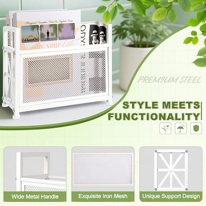 Magazine Rack & Holder – Multi-Purpose Storage Organizer for Magazines, Books, Newspapers, Mail, Tablets | Sturdy White Basket for Home, Office, Bathroom | Sleek Design & Easy Assembly