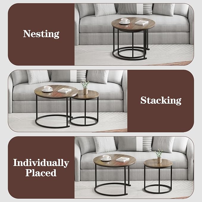 Garden 4 you Nesting Coffee Table, 23.6" Round Coffee Table Set of 2, Wooden Nesting Table Set with Metal Frame, Side Tables for Living Room Bedroom Balcony, Brown