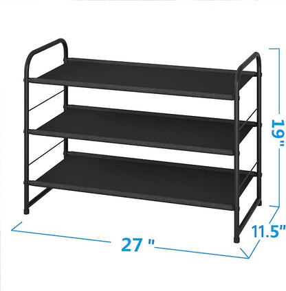 Simple Trending 3 Tier Stackable Shoe Rack, Expandable Adjustable Fabric Shoe Shelf Storage Organizer, Black