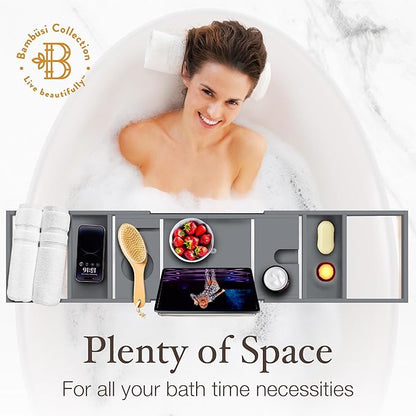 Gray Bathtub Tray for Tub - Grey Bamboo Bath Tray, Expandable Wooden Bath Caddy Tray with Wine Holder, Book and Tablet Stand, Bathroom Accessories, Tub Table, Bridal Shower Gifts for Women