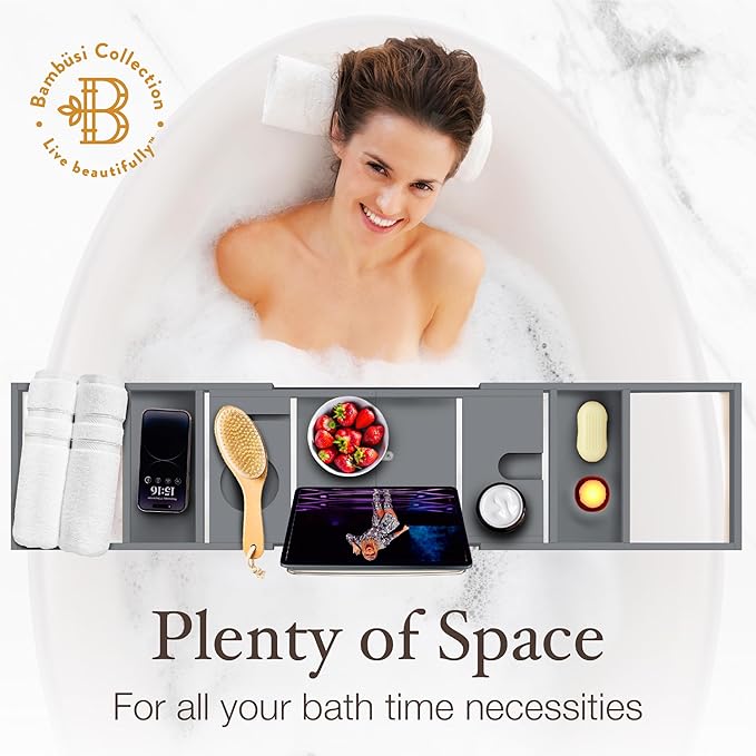 Bamboo Bathtub Tray Caddy - Expandable Wooden Bathroom Tray - Adjustable Bathroom Tray for Tub - Luxury Bath Caddy Tub Table - Gift Idea for Loved Ones (Grey)
