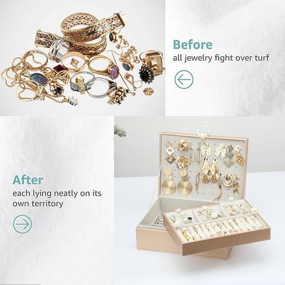 BOOVO Earring Jewelry Box For Women Girl Stud Organizer, 4 Layers Girl Jewelry Organizer Box With Lock Earring Holder Organizer Necklace Ring Jewelry Organizer Box For Girls (Champagne, 4 layer)