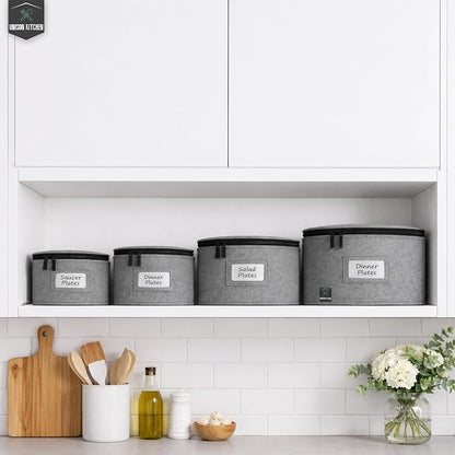 4-Piece Dish Storage Container Set – Hard Shell Dinnerware Organizer with Dividers for Plates, Stackable, and Ideal for Fine China Storage, Kitchen Organization & Moving Supplies – Grey