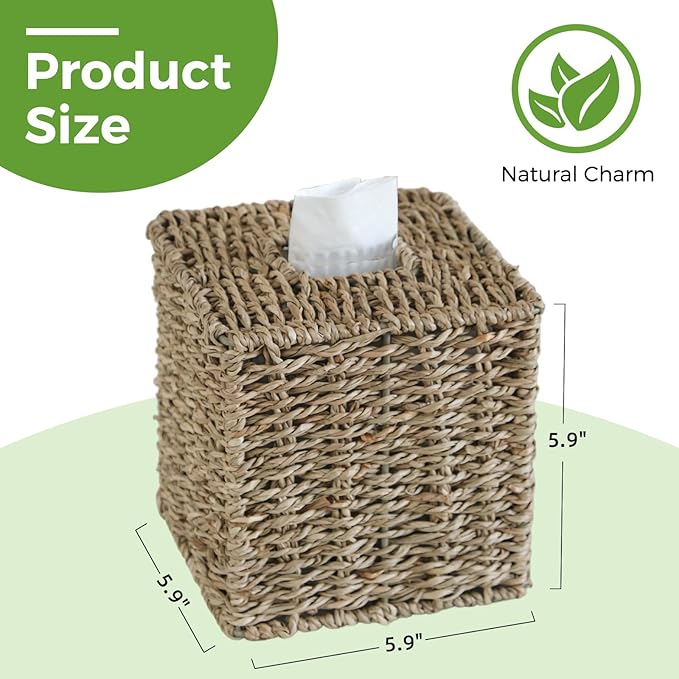 Seagrass Tissue Box Cover, Wicker Tissue Box Holder Square, Hand Woven Cube Tissue Box Cover Tissue Holder for Bathroom Living Room Kitchen Office, Natural