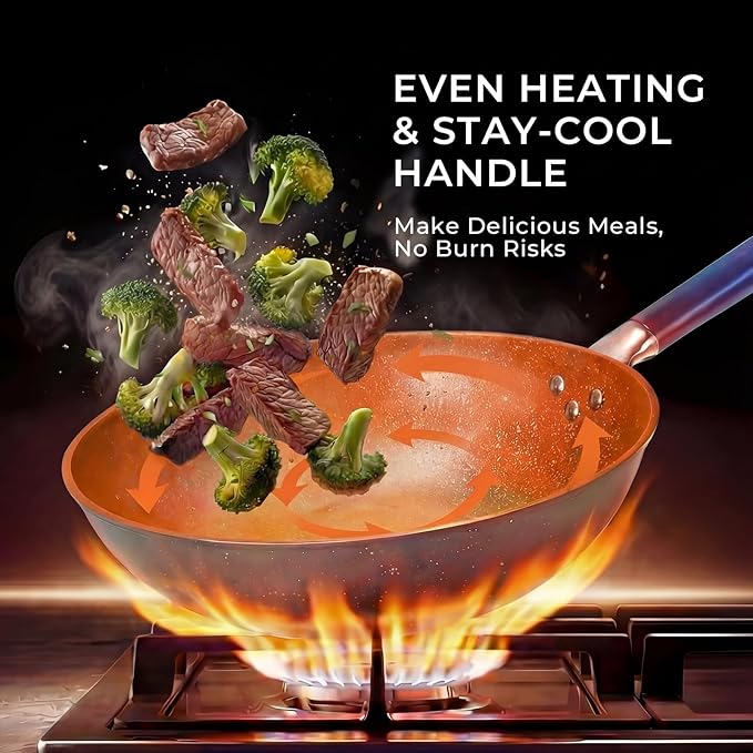 13.07-Inch Carbon Steel Wok Pan with Lid: Woks & Stir-Fry Pans Nonstick with Steamer for Cooking Pan Set, Large Deep Chinese Frying Saute Pan Wok Skillet, Induction Compatible, Stay-Cool Handle, Gifts