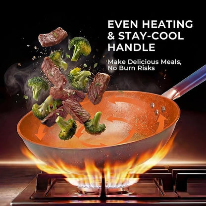 13.07-Inch Carbon Steel Wok Pan with Lid: Woks & Stir-Fry Pans Nonstick with Steamer for Cooking Pan Set, Large Deep Chinese Frying Saute Pan Wok Skillet, Induction Compatible, Stay-Cool Handle, Gifts