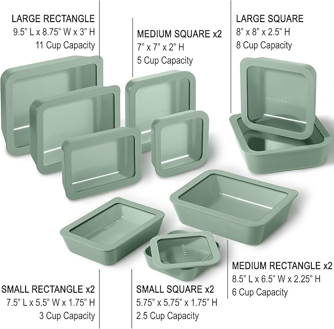 BRIVARA HOME Ceramic Coated Glass Food Storage Containers | No PTFE, PFOA, PFAS, and BPA | Reusable Non Toxic Meal Prep Containers with Glass Lids | Easy To Store | 10 Piece Set [Willow]