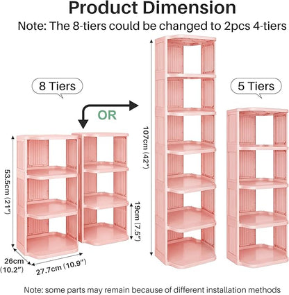 Kitstorack 8-Tier Vertical Plastic Shoe Rack, Freestanding Stackable Shoe Storage Organizer Cubes Shoe Shelf Tower or Small Closets and Tight Spaces, Pink