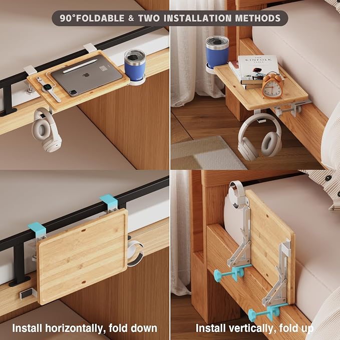 Magheo Bedside Shelf Wood, Foldable Clip-On Bed Shelf for Top Bunk Space Saving Bed Side Table Tray for College Dorm Room Essentials,Loft Nightstand Organizer Tray with Rotatable Cup Holder, Hooks