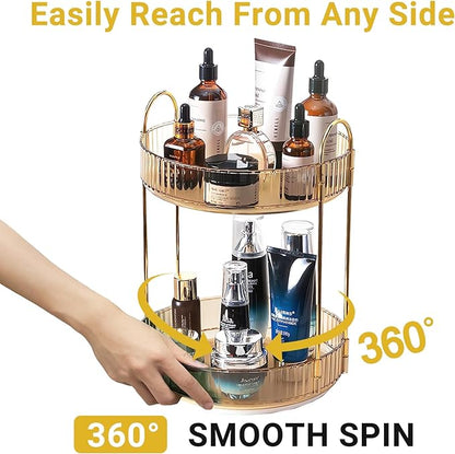 360 Rotating Gold Makeup Organizer,2 Tier Large Capacity Rotating Makeup Organizer,SkincarePerfume Organizer,Bathroom Cosmetics Storage Organizer Countertop (Gold-2 Tier)