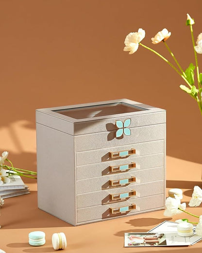 Vee Jewelry Box,6 LayerJewelry Organizer,Jewelry Case with Glass Lid,for Necklaces, Earrings, Watches, Bracelets (6 Levels Grey)