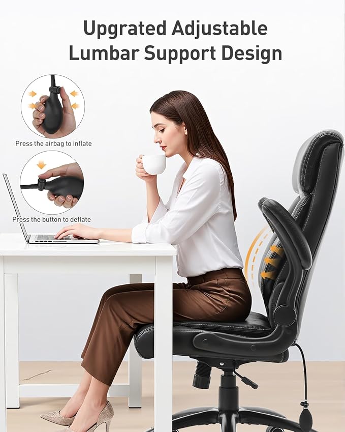 500LBS Big and Tall Office Chair, Heavy Duty Office Desk Chair with Padded Flip-Up Arms, Adjustable Lumbar Support & Tilt Lock, High Back Ergonomic Executive Computer Chair for Work & Study, Black
