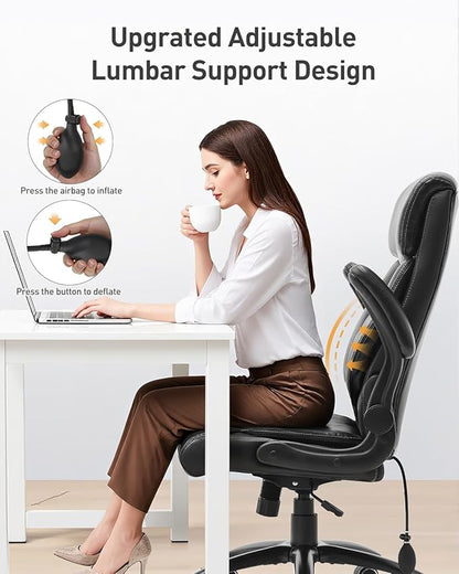 500LBS Big and Tall Office Chair, Heavy Duty Office Desk Chair with Padded Flip-Up Arms, Adjustable Lumbar Support & Tilt Lock, High Back Ergonomic Executive Computer Chair for Work & Study, Black