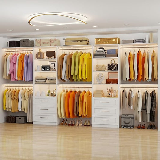 Closet System with 6 Wood Drawers, 6-12FT Closet Organizer System with Cuttable Shelves for Walk in Closet with 6 Expandable Hanging Rods, Heavy Duty Built-in Closet for Bedroom, White