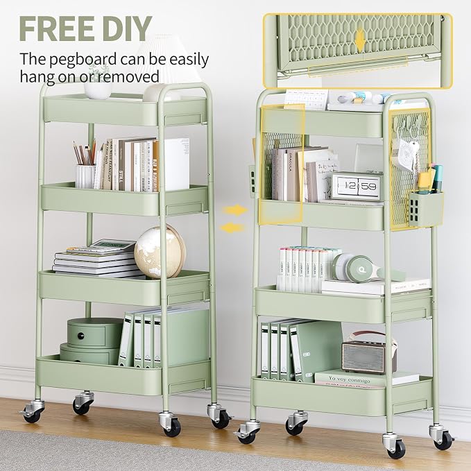 TOOLF 4 Tier Rolling Cart with Pegboard, Metal Storage Organizer Cart with Wheels, Hooks & Bins Esthetician Craft Art Sturdy Storage for Bathroom, Kitchen, Office, Nursery Diaper