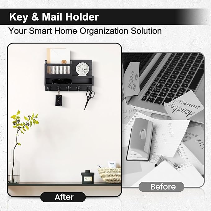 Key and Mail Holder Wall Mount, Key Hanger with Long Storage Box and 5 Hooks for Coat, Dog Leash, Home Decor Rack, House Accessories, Entry Way Organizer 11.8”W x 7.8”H x 3.2”D