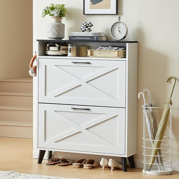 Shoe Storage Cabinet with 2 Flip Drawers, Farmhouse Shoes Organizer for Entryway, Narrow Hidden Shoe Rack with Wooden Legs & Open Storage, Free Standing Shoe Closet for Foyer, Hallway, White