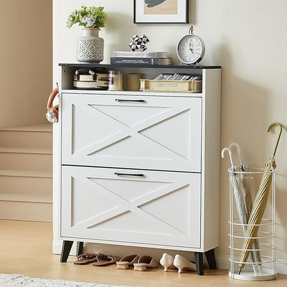 Shoe Storage Cabinet with 2 Flip Drawers, Farmhouse Shoes Organizer for Entryway, Narrow Hidden Shoe Rack with Wooden Legs & Open Storage, Free Standing Shoe Closet for Foyer, Hallway, White