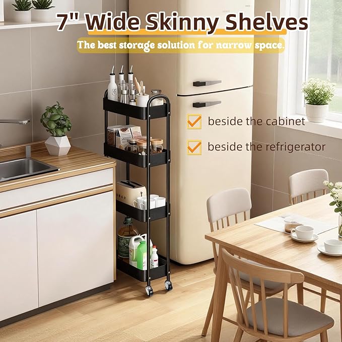 LIWNYRK 4 Tier Slim Storage Cart with Wheels for Laundry Room Between Washer and Dryer, 7.1'' Narrow Rolling Cart with Wheels and Lockable Casters, Metal Thin Standing Shelf for Small Space, Black
