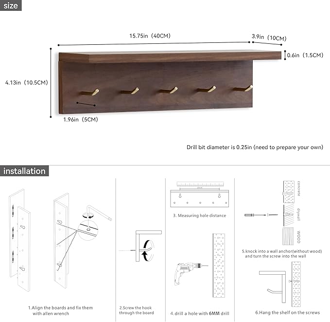 5-Hook Wall Mounted Coat Rack with Storage Shelf - Multi-Functional Key & Jacket Hanger for Entryway, Walnut Finish, Style D-1