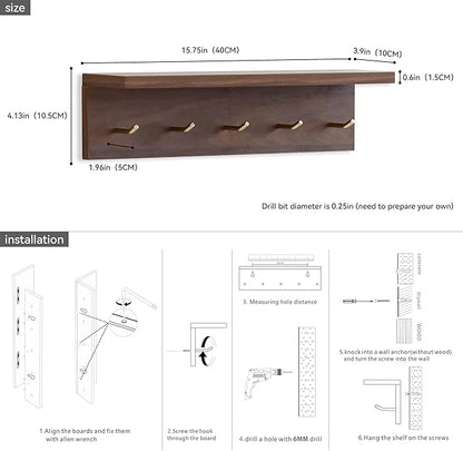 5-Hook Wall Mounted Coat Rack with Storage Shelf - Multi-Functional Key & Jacket Hanger for Entryway, Walnut Finish, Style D-1