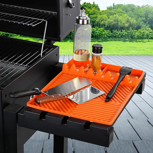 Silicone Tools Mat for Griddle Kitchen Cooking Baking Countertop-Side Shelf Spatula Mat with Drip Pad for Blackstone Weber Traeger Pit Boss Flat Top Grill Smoker- BBQ Accessories Gifts for Men(Orange)