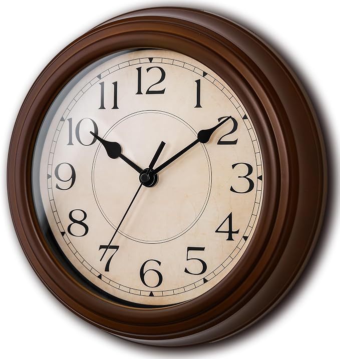 KECYET Wall Clock, 9 Inch Silent Battery Operated Non-Ticking Wall Clock Classic Decorative for Living Room, Kitchen,Office, Bedrooms(Brown)