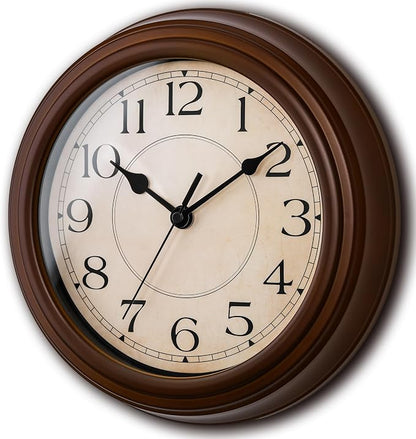 KECYET Wall Clock, 9 Inch Silent Battery Operated Non-Ticking Wall Clock Classic Decorative for Living Room, Kitchen,Office, Bedrooms(Brown)
