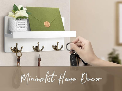 Rebee Vision Key Holder for Wall with Shelf: Elegant Farmhouse Mail Organizer with Decorative Floating Shelf and 3 Anchor Key Hooks for Wall - Retro Key Hangers for Entryway Decor (Rustic White)