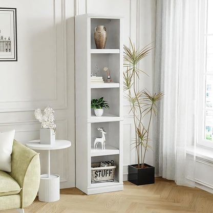 blini 5-Shelf Narrow Bookcase White Wooden Tall Bookshelves Floor Standing Display Storage Shelves Mahogany Bookcase for Home Office, Living Room, Bed Room
