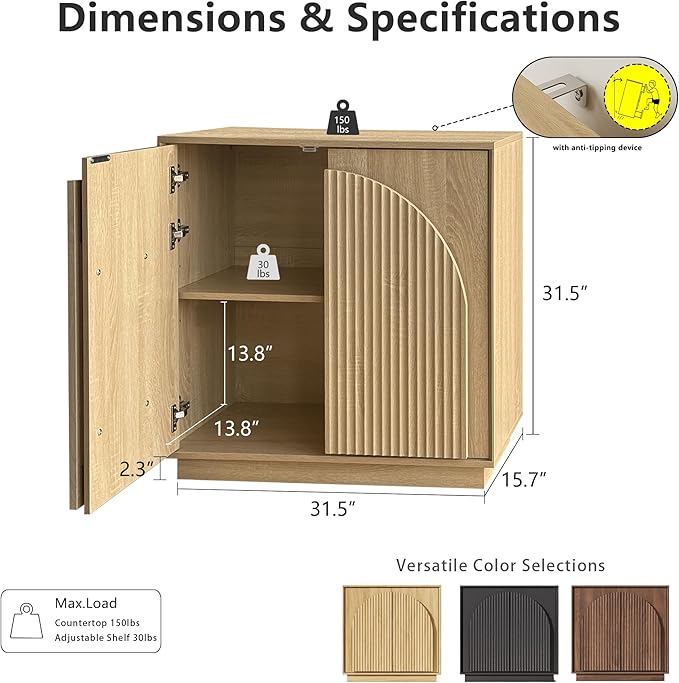 win2win Fluted Sideboard Buffet Cabinet with Storage, 31.5" Modern Boho Accent Cabinet with Double-Layered Arch Doors, Small Wood Console Credenza for Living Room, Dining Room, Entryway, Oak, 2PCS