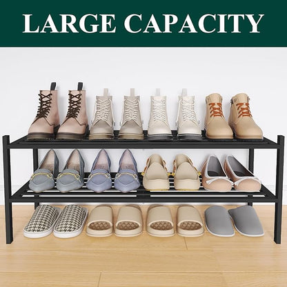 Smiry Long Bamboo Shoe Rack 2-Tier, Stackable Wooden Shoe Organizer for Entryway & Closet, Free Standing Wood Shoe Storage Shelf for Front Door & Small Spaces, Black