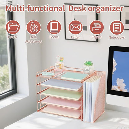 AUPSEN Rose Gold Desk Accessories Organizer,5-Tier Desktop Paper File Organizer with Adjustable File Holder, Office Desk Accessories for Office Supplies