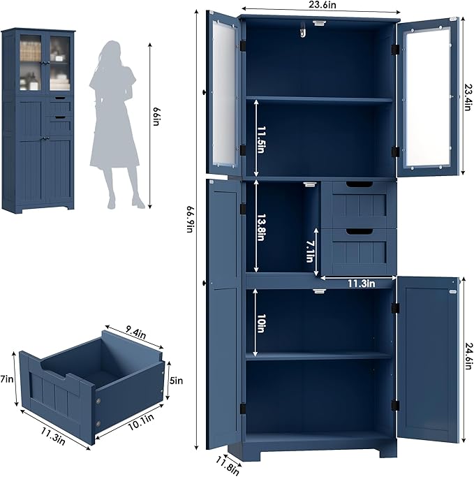 BOTLOG 67'' Tall Bathroom Storage Cabinet, Linen Cabinet with Glass Doors and Adjustable Shelves, Kitchen Pantry with 2 Drawers for Bathroom, Living Room, Dining Room, Blue