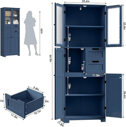BOTLOG 67'' Tall Bathroom Storage Cabinet, Linen Cabinet with Glass Doors and Adjustable Shelves, Kitchen Pantry with 2 Drawers for Bathroom, Living Room, Dining Room, Blue
