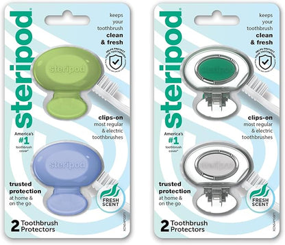 Steripod Clip-On Toothbrush Protector, Keeps Toothbrush Fresh and Clean, Fits Most Manual and Electric Toothbrushes, Blue, Green, Clear, 4 Count (Pack of 12)