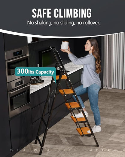 WOA WOA 5 Step Ladder, Ladders for Home, Anti-Slip Pedals, Aluminum Step Stool Foldable, Lightweight to Move, Ease of Storage, Reach 10ft for Closet Kitchen Library, Hold 300lbs - Black&Wood Grain