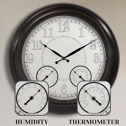 24 inch Illuminated Outdoor Clock for Patio, Waterproof with Thermometer - Large Night Light Wall Clock with Smart LED Sensor, Temperature and Humidity - Weatherproof & Easy to Read for Patio & Home