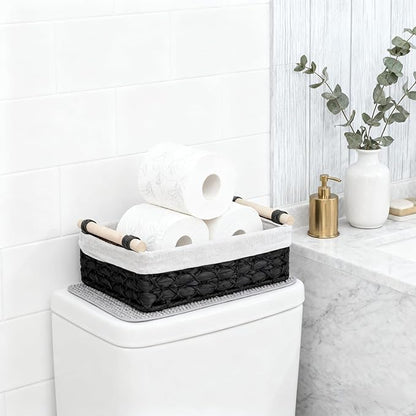 Baskets for Organizing, Set of 2 Black Paper Rope Bathroom Countertop Baskets with Liner, Woven Basket Organizer with Wooden Handles for Vanity, Counter, Shelf Storage