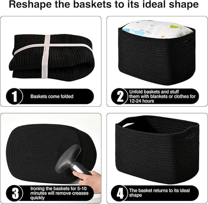 Black Storage Baskets for Organizing Shelves, Toy Basket for Nursery, Woven Cotton Rope Basket for Decor, Towel Baskets for Bathroom, 15"x11"x9.5", 3 Packs, Black