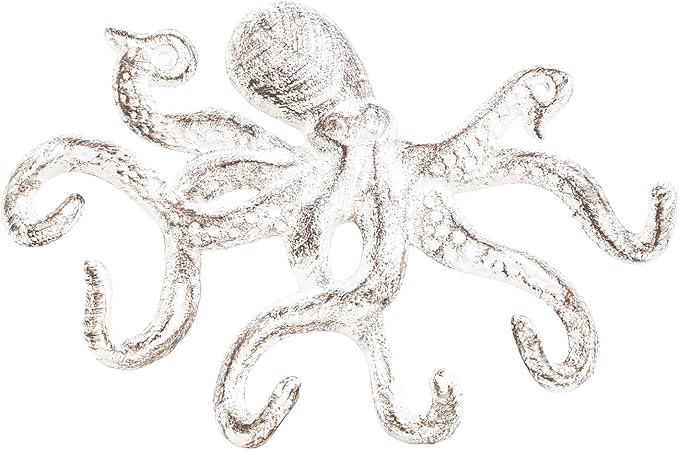 Sungmor Cast Iron Key Holder for Wall, Decorative Octopus Hanger with 6 Hooks, Vintage White Wall Hooks for Towel, Bathrobe, Necklaces, Purse, Dog Leashes, Bathroom Nautical Decor