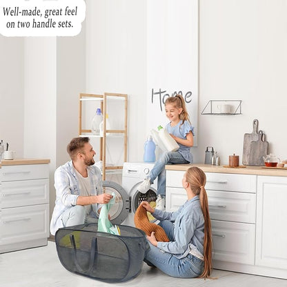 Upgraded 100L Collapsible Laundry Basket, Extra Large Mesh Pop Up Laundry Hamper, Dirty Clothes Hamper with long Handles, Pop-up Hampers for Laundry Travel. Dorm or Home Portable Laundry Basket. Black