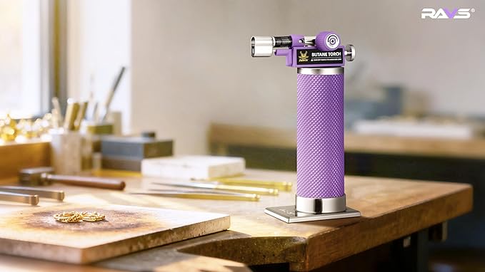 RAVS 2 Flame Mode Butane Torch Lighter, Refillable Kitchen Torch with Adjustable Flame & Safety Buckle, Metal Body Cooking Torch for Baking, BBQ, Purple Soldering Torch Butane Gas Not Included